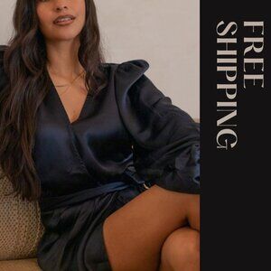 Navy Blue Satin Shoulder Wrap Mini Cocktail Dress